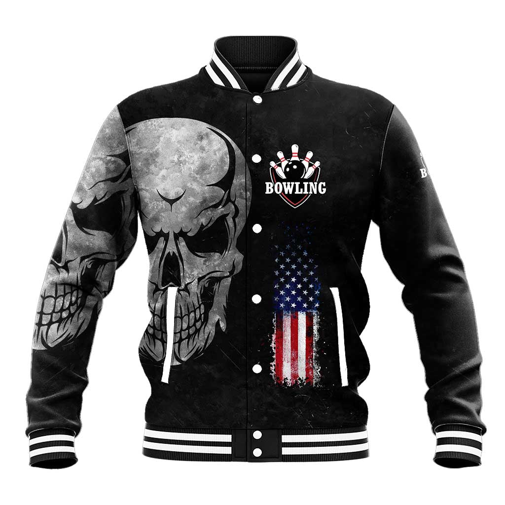 Bowling Skull Baseball Jacket with American Flag and Custom Name Text Design - Wonder Print Shop