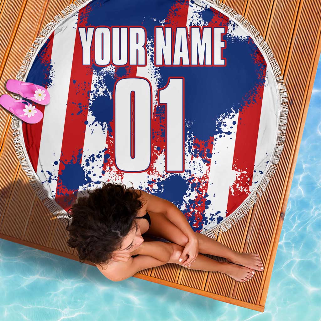 Circular beach blanket with fringed edge, blue red white splatter; custom name and 01