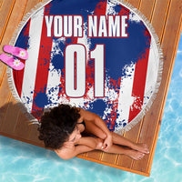 Circular beach blanket with fringed edge, blue red white splatter; custom name and 01
