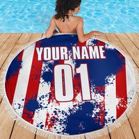 Circular beach blanket with fringed edge, blue red white splatter; custom name and 01