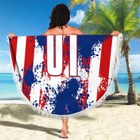 Circular beach blanket held out with fringe; blue red white splatter and custom name/01