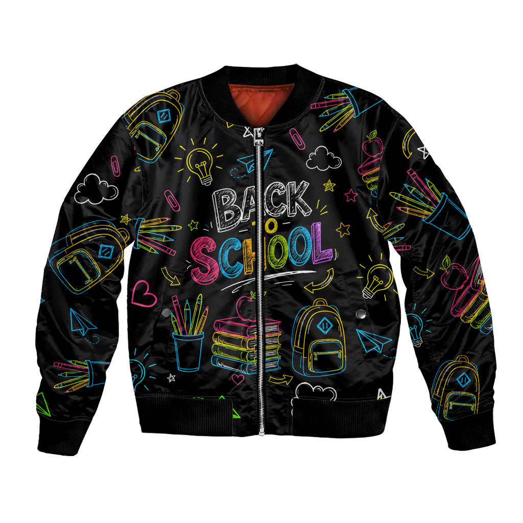Back To School New Year New Chapter Bomber Jacket Colorful Neon Chalkboard Doodle School Supplies