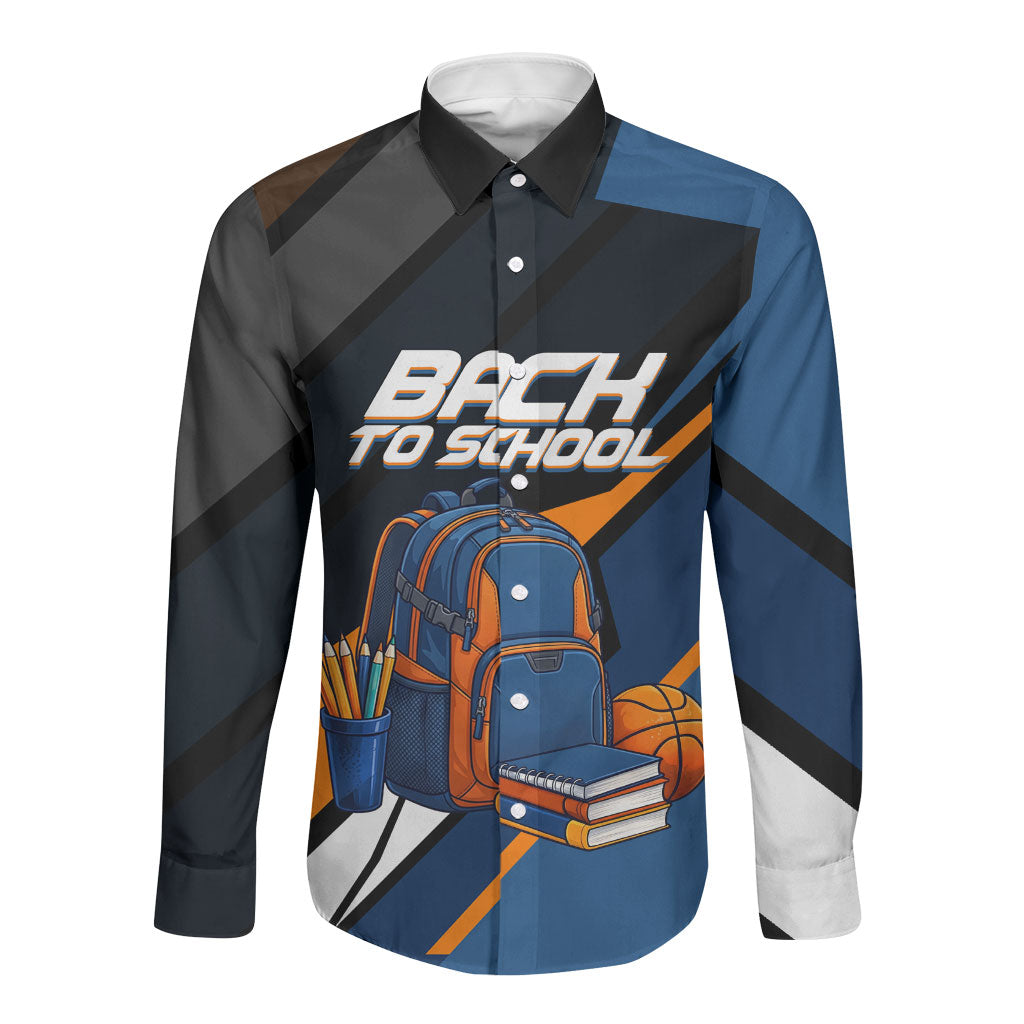 Personalized Back To School Long Sleeve Button Shirt Student Backpack Basketball Geometric Stripes