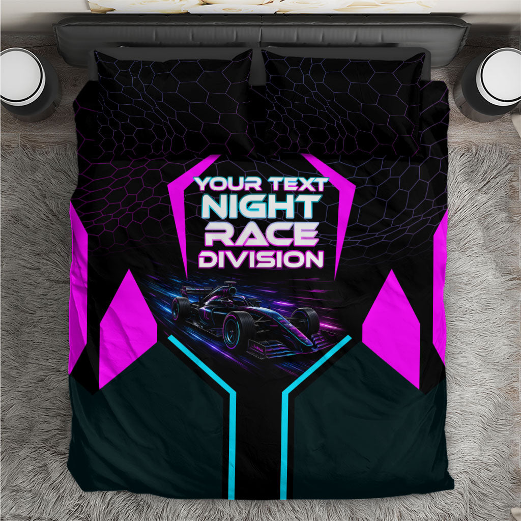 Personalized Night Race Division Bedding Set Cyberpunk Racing Synthwave Motorsport Neon Graphic