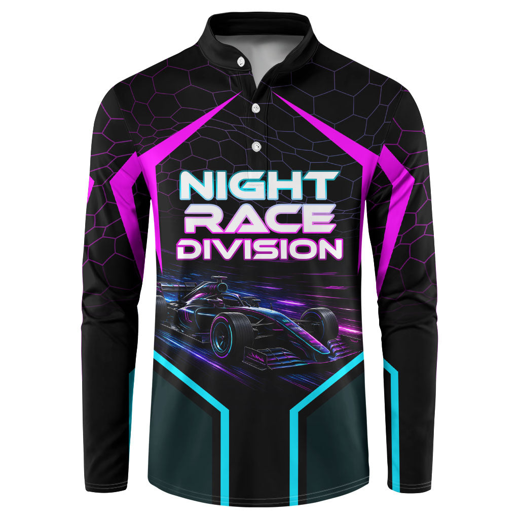Personalized Night Race Division Button Sweatshirt Cyberpunk Racing Synthwave Motorsport Neon Graphic