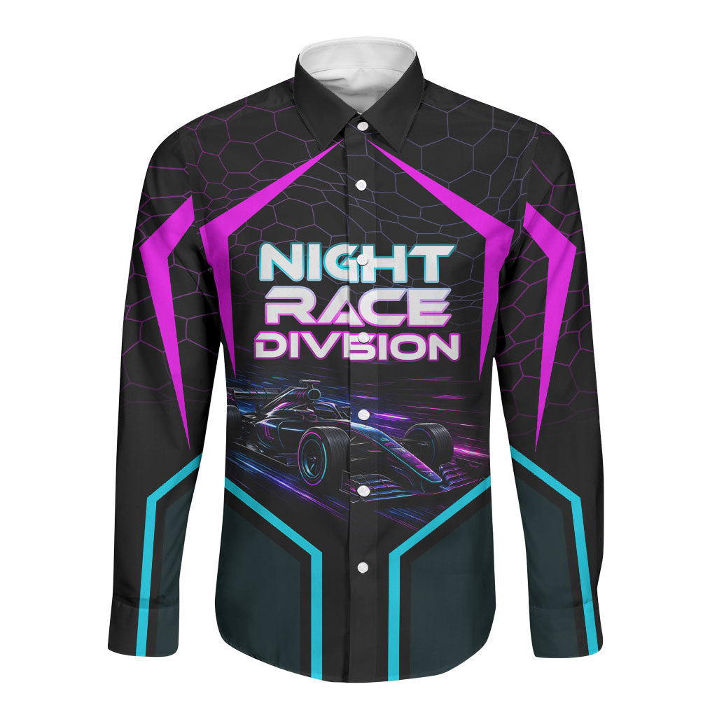 Personalized Night Race Division Long Sleeve Button Shirt Cyberpunk Racing Synthwave Motorsport Neon Graphic