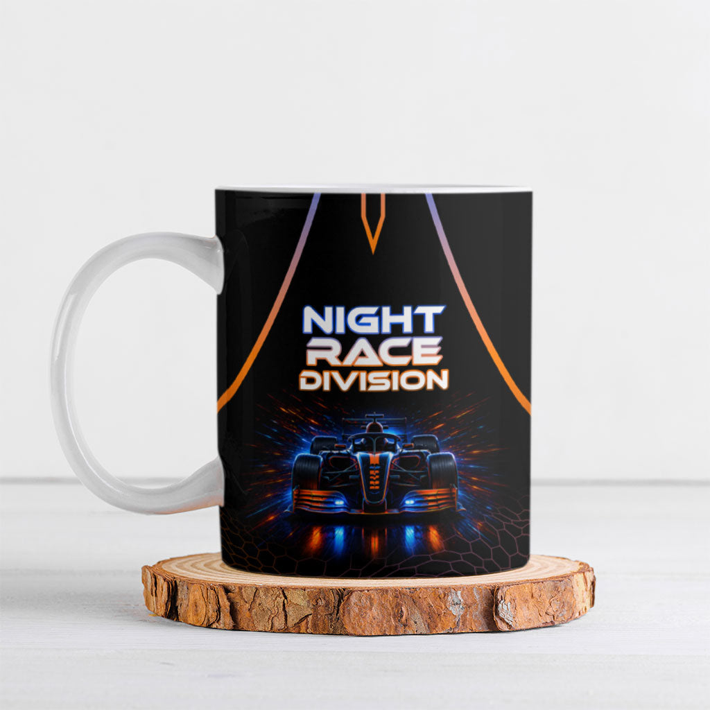 Personalized Night Race Division Motorsport Ceramic Mug Futuristic Neon Open Wheel Auto Racing