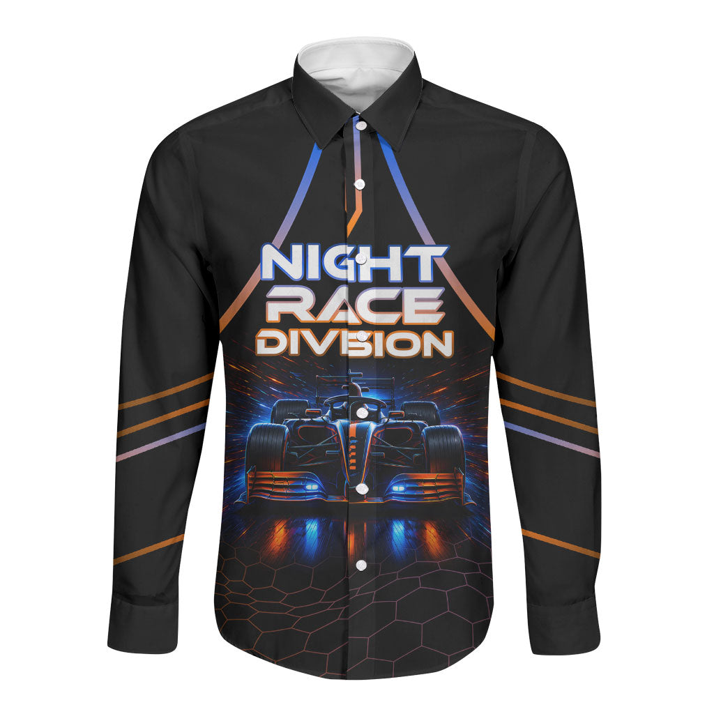Personalized Night Race Division Motorsport Long Sleeve Button Shirt Futuristic Neon Open Wheel Auto Racing