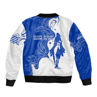 Uruguay Bomber Jacket with Gaucho Rider Illustration Blue White Swirl - Wonder Print Shop