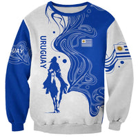 Uruguay Sweatshirt with Gaucho Rider Illustration Blue White Swirl - Wonder Print Shop