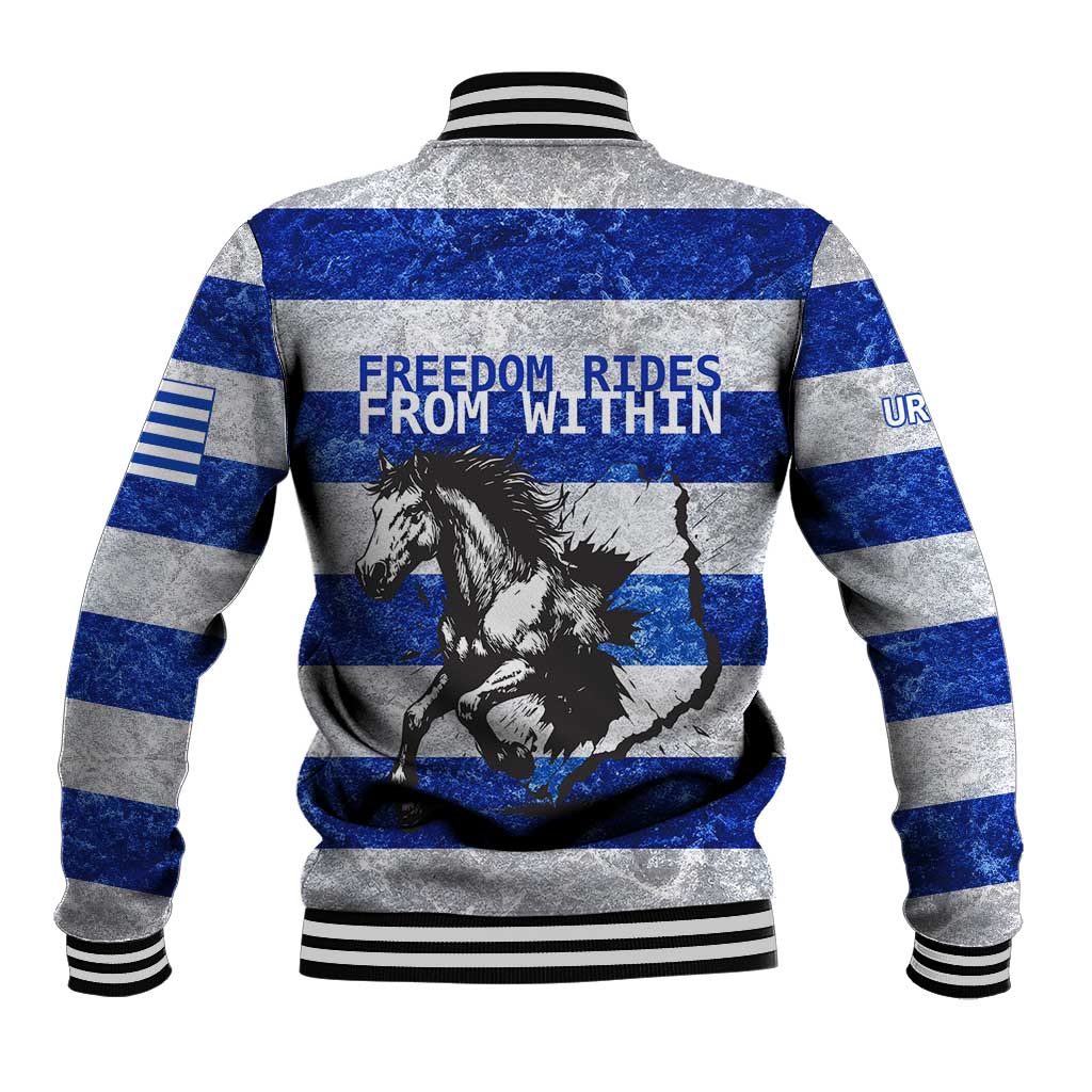 Uruguay Baseball Jacket with Wild Horse Illustration Blue Gray Striped - Wonder Print Shop