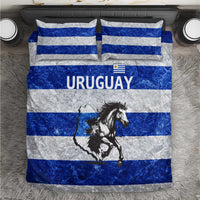 Uruguay Bedding Set with Wild Horse Illustration Blue Gray Striped - Wonder Print Shop