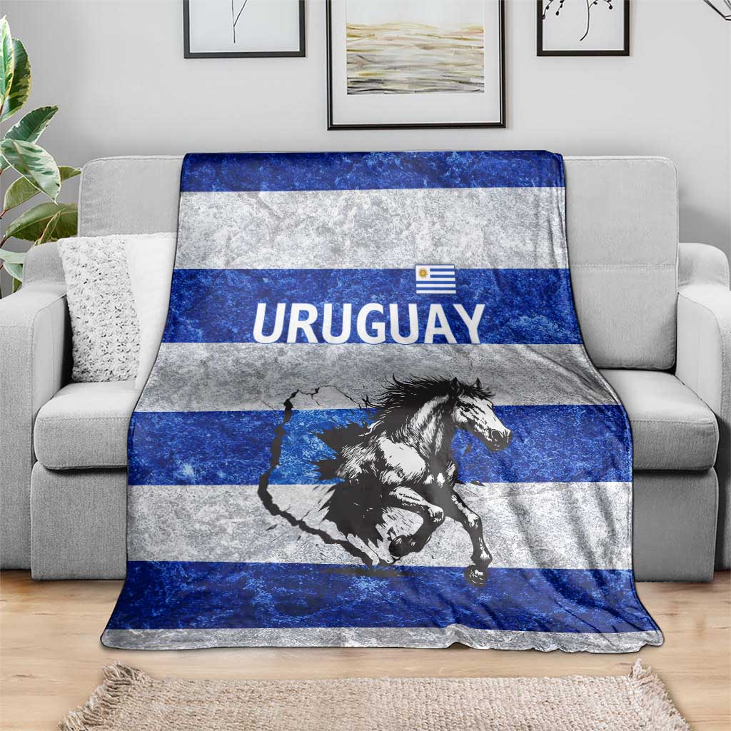Uruguay Blanket with Wild Horse Illustration Blue Gray Striped - Wonder Print Shop