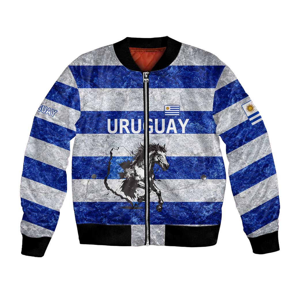 Uruguay Bomber Jacket with Wild Horse Illustration Blue Gray Striped - Wonder Print Shop