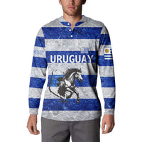 Uruguay Button Sweatshirt with Wild Horse Illustration Blue Gray Striped - Wonder Print Shop