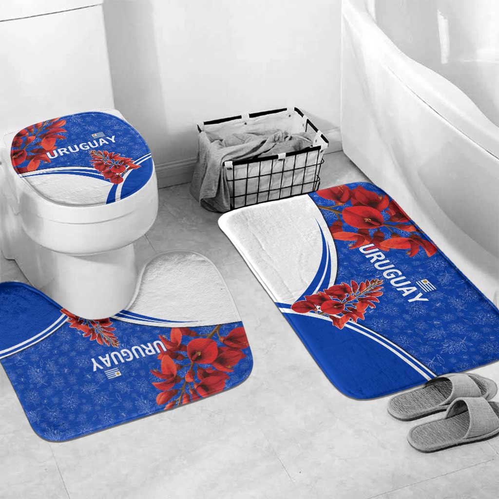Uruguay Bathroom Set with Erythrina Flower Illustration Blue White Nature - Wonder Print Shop