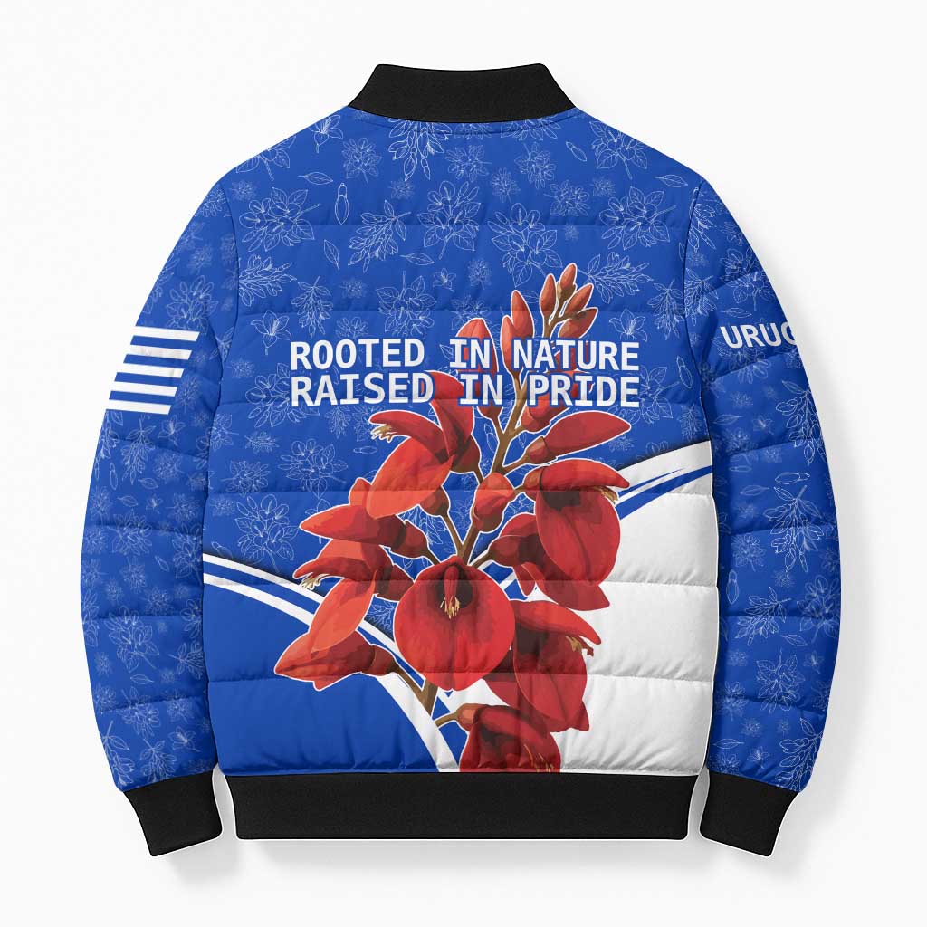 Uruguay Bomber Puffer Jacket with Erythrina Flower Illustration Blue White Nature - Wonder Print Shop