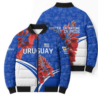 Uruguay Bomber Puffer Jacket with Erythrina Flower Illustration Blue White Nature - Wonder Print Shop