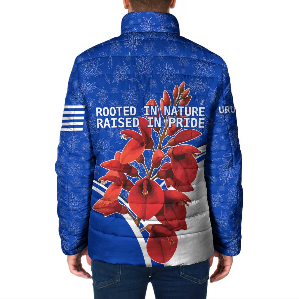 Uruguay Padded Jacket with Erythrina Flower Illustration Blue White Nature - Wonder Print Shop