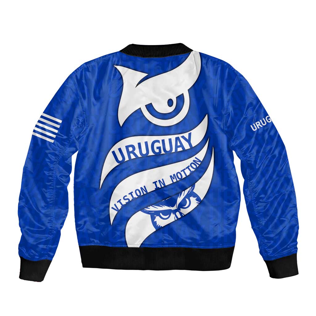 Uruguay Bomber Jacket with Owl Illustration Blue White Abstract Motion Design - Wonder Print Shop