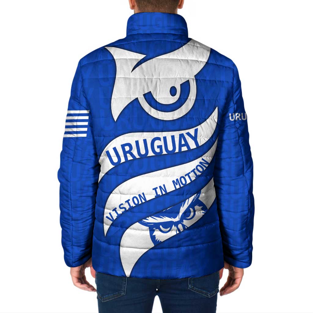 Uruguay Padded Jacket with Owl Illustration Blue White Abstract Motion Design - Wonder Print Shop