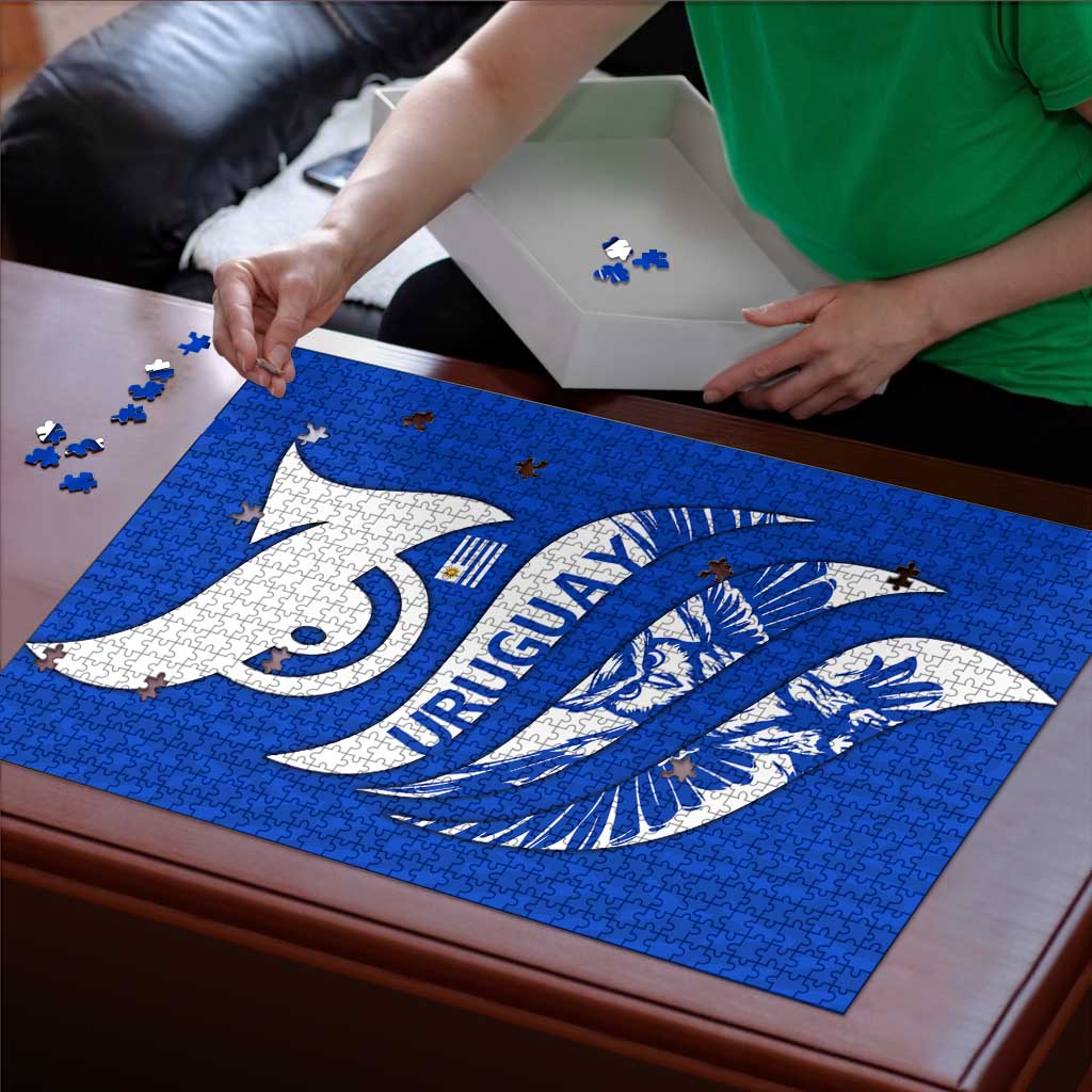 Uruguay Puzzle with Owl Illustration Blue White Abstract Motion Design - Wonder Print Shop