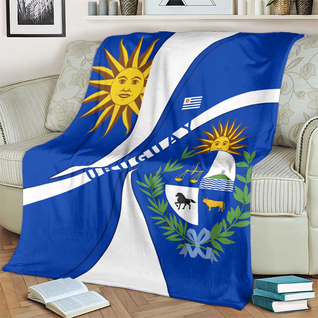 Uruguay Blanket with National Emblem and Sun Symbol Blue White Wave - Wonder Print Shop