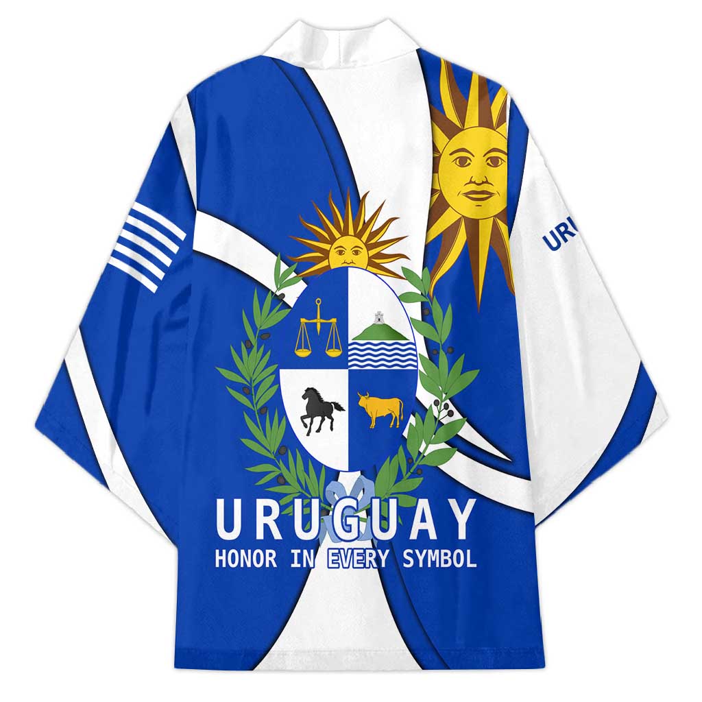 Blue and white kimono top with full front emblem, sun symbol, and short wide sleeves