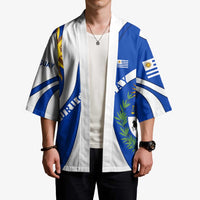 Blue and white kimono on model with open front, national emblem sun graphic, short sleeves