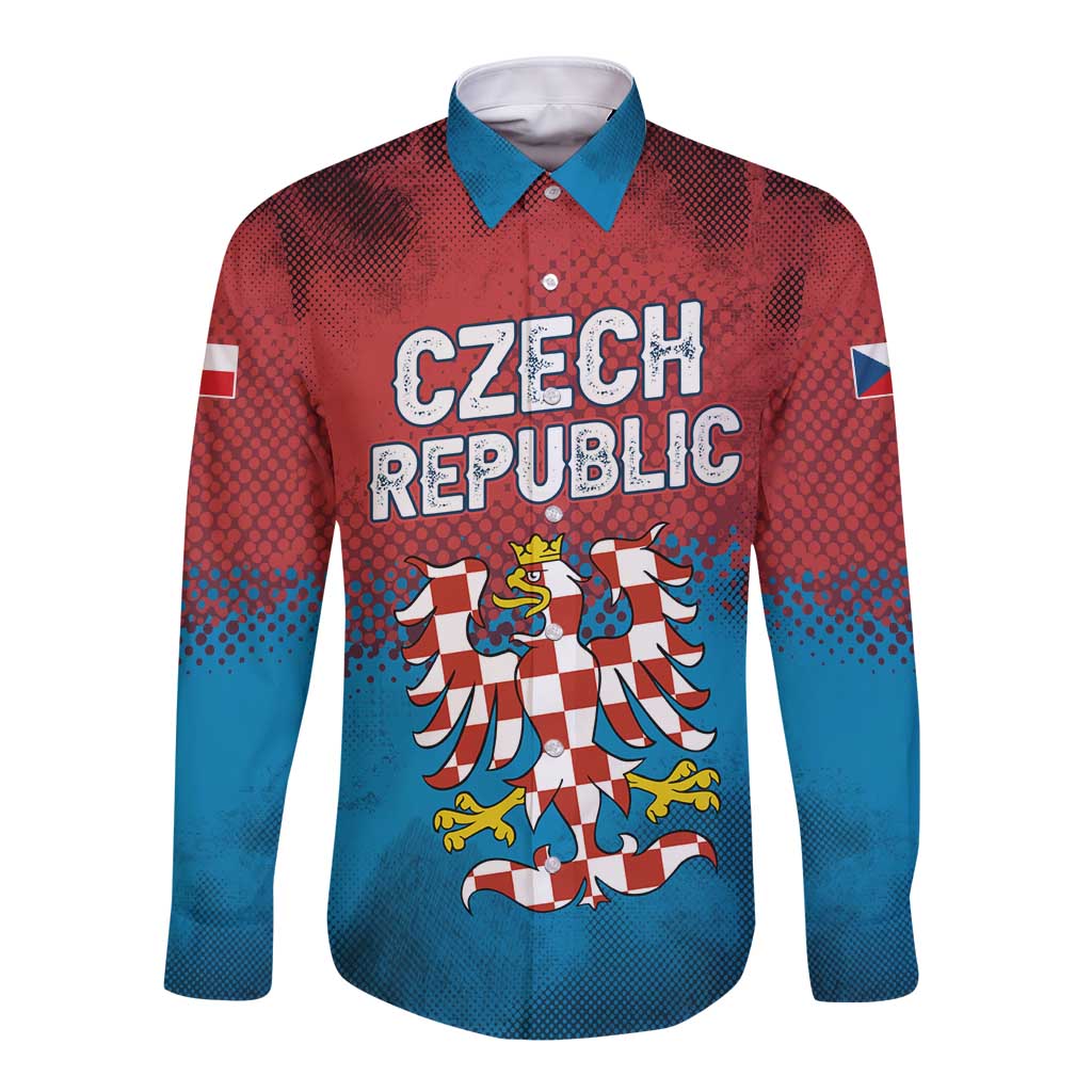 Czech Republic Long Sleeve Button Shirt with Blue Red Gradient Design and National Coat of Arms - Wonder Print Shop