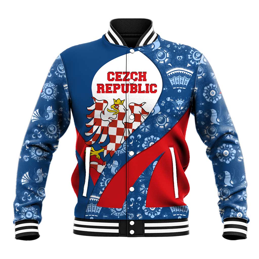 Czech Republic Baseball Jacket with Blue Red Folk Pattern Design and National Lion Emblem - Wonder Print Shop