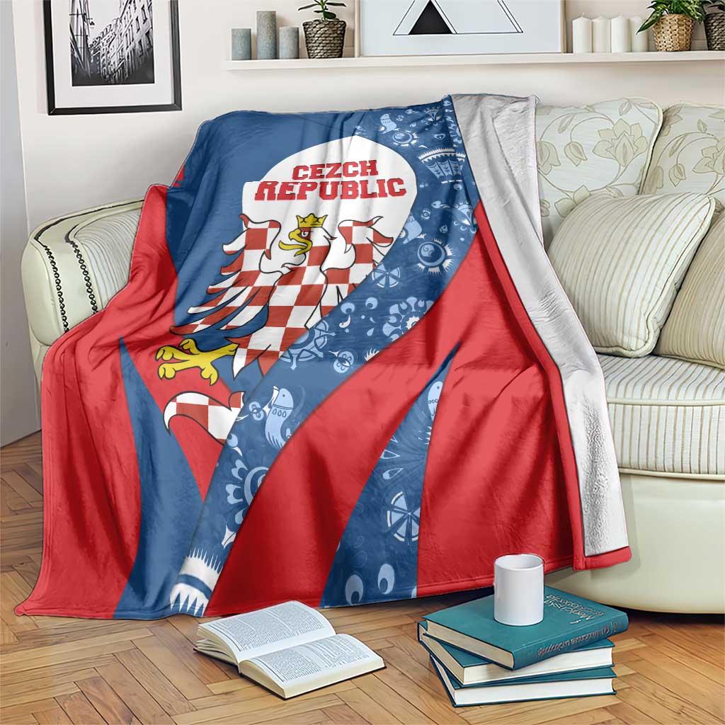 Czech Republic Blanket with Blue Red Folk Pattern Design and National Lion Emblem - Wonder Print Shop