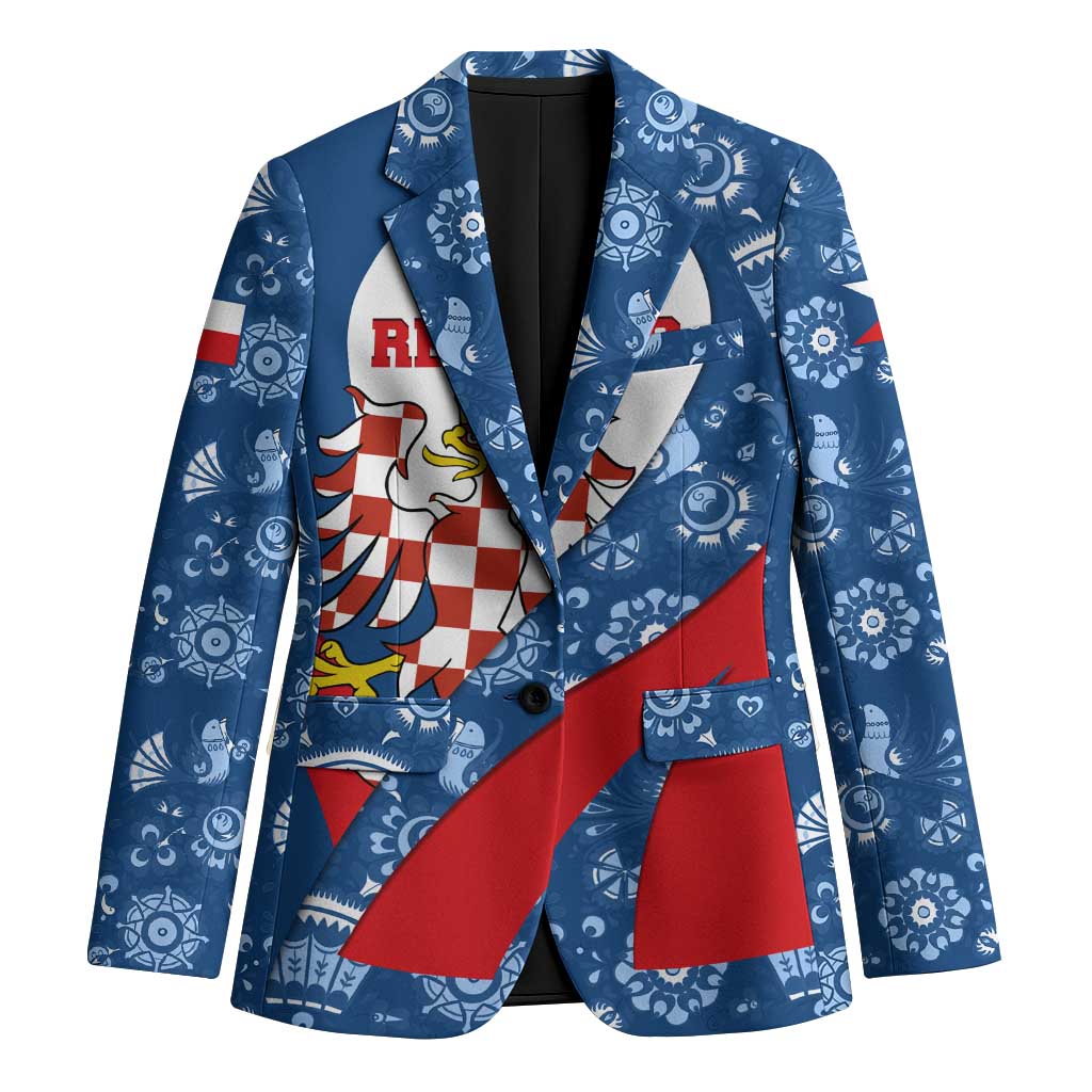 Czech Republic Blazer with Blue Red Folk Pattern Design and National Lion Emblem - Wonder Print Shop