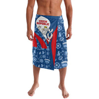 Folk-patterned Czech republic shorts in blue with lion emblem and red diagonal stripe
