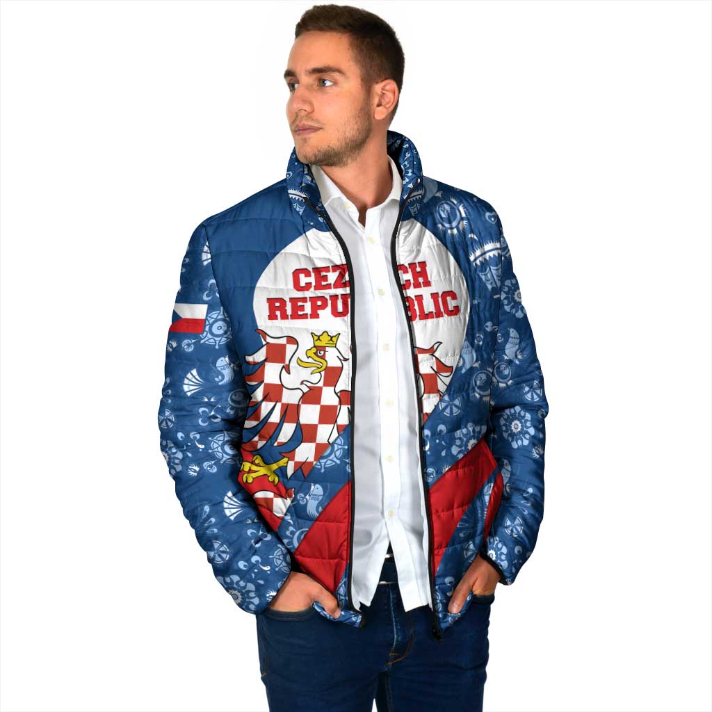 Czech Republic Padded Jacket with Blue Red Folk Pattern Design and National Lion Emblem - Wonder Print Shop