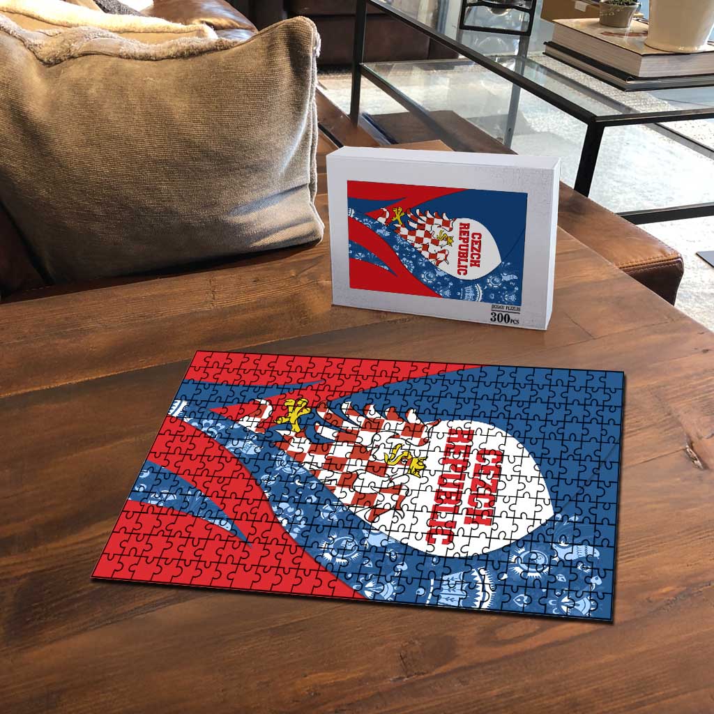 Czech Republic Puzzle with Blue Red Folk Pattern Design and National Lion Emblem - Wonder Print Shop