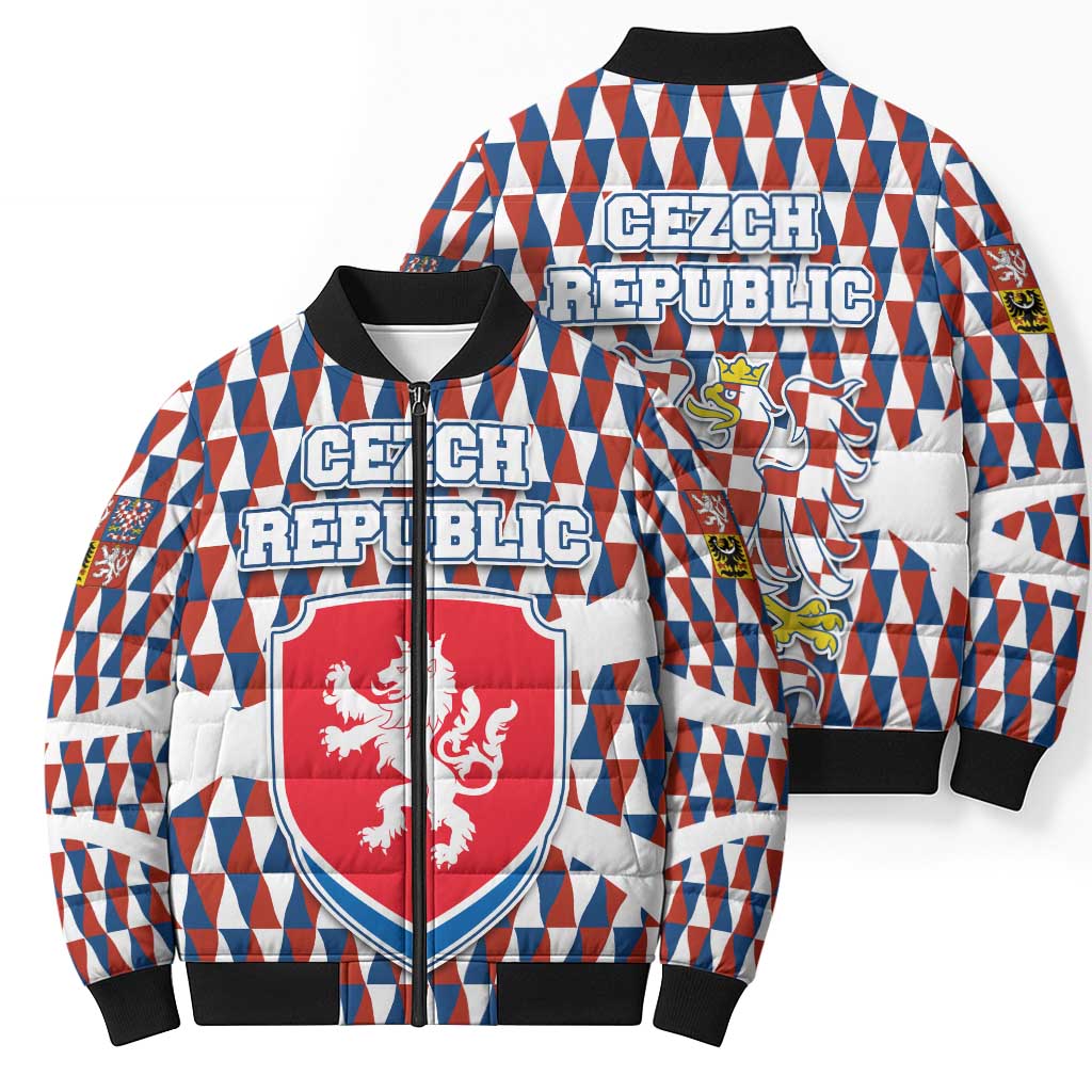 Czech Republic Bomber Puffer Jacket with Red Blue Geometric Design and National Lion Shield - Wonder Print Shop