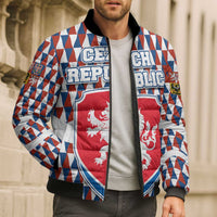 Czech Republic Bomber Puffer Jacket with Red Blue Geometric Design and National Lion Shield - Wonder Print Shop