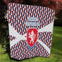 Czech Republic quilt with quilted texture, blue red white geometric design, lion shield