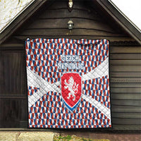 Czech Republic quilt hanging on wall with blue red white geometric triangles and lion crest