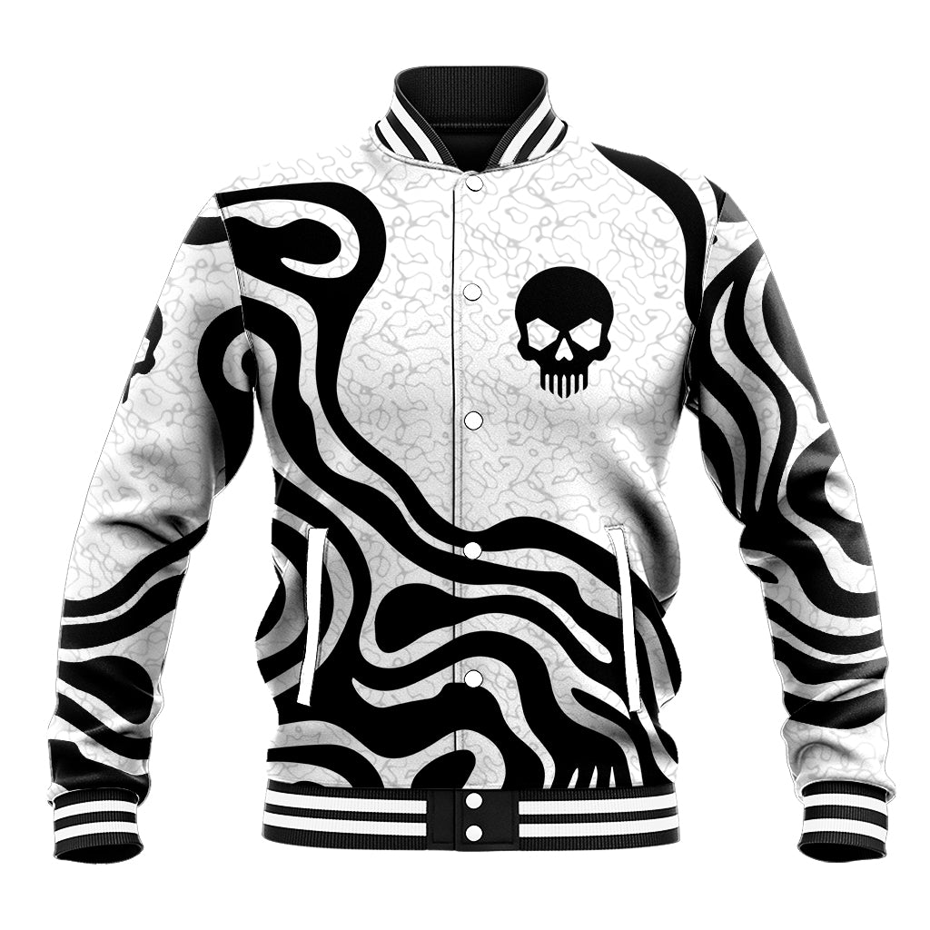 Black and white baseball jacket, button front, skull logo and swirling flame pattern, ribbed cuffs
