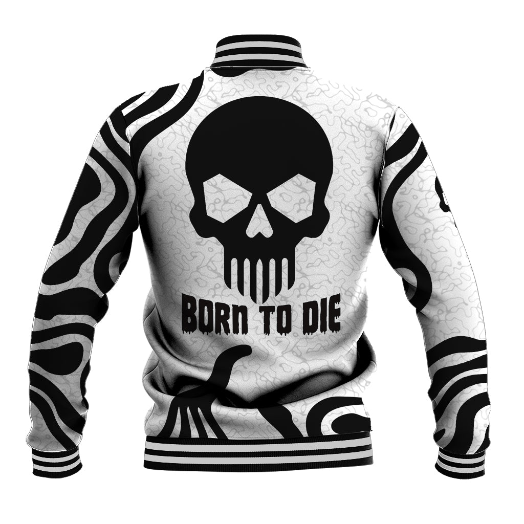 Black and white varsity baseball jacket, striped ribbed hem, back skull graphic with text