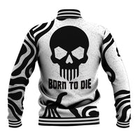 Black and white varsity baseball jacket, striped ribbed hem, back skull graphic with text