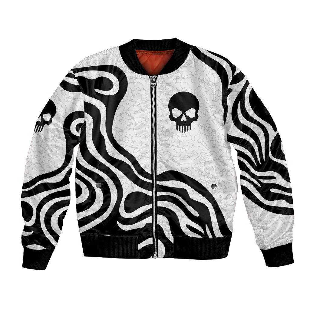 Skull bomber jacket with full-zip front, black-and-white print, red-lined collar