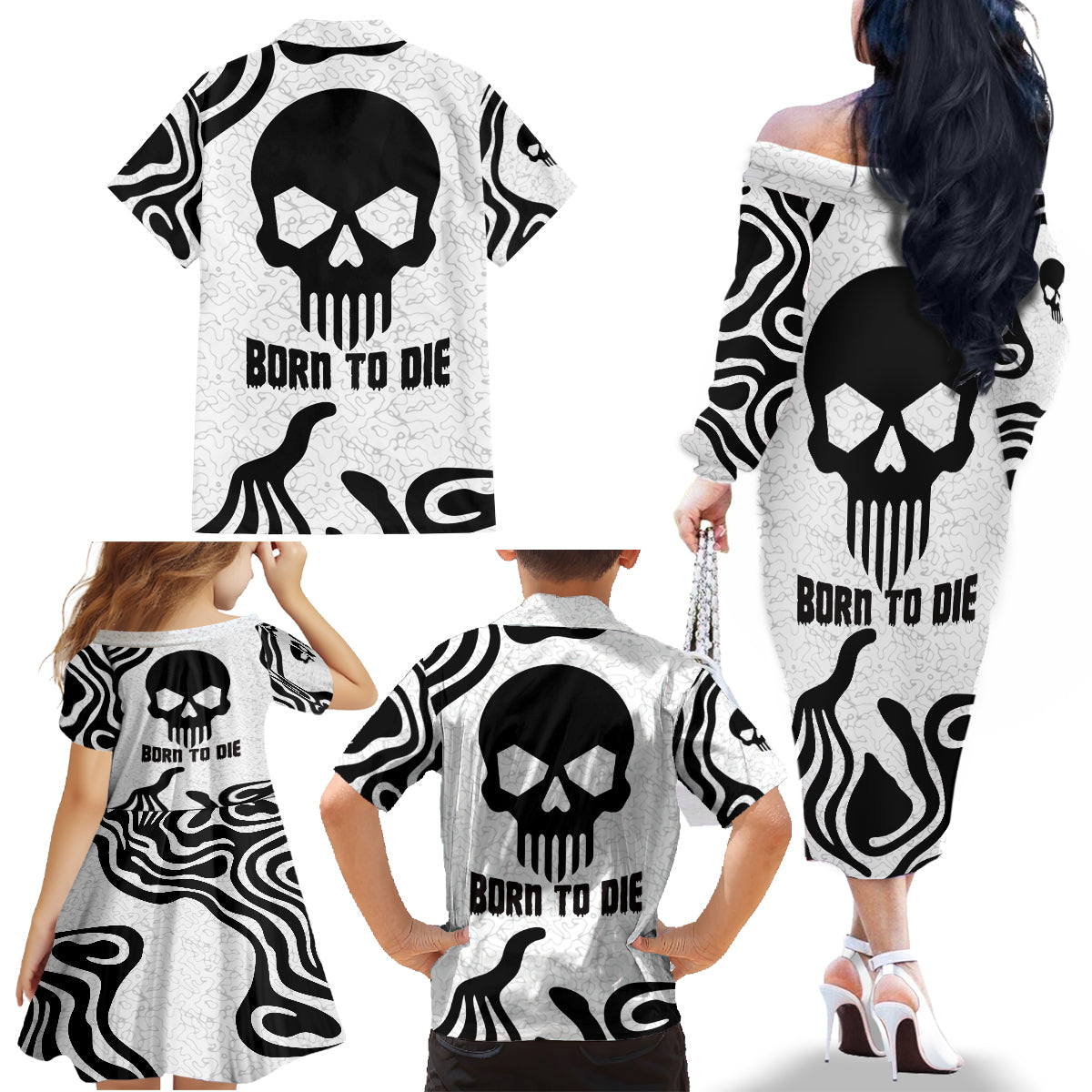 Skull Family Matching Off Shoulder Long Sleeve Dress and Hawaiian Shirt Born To Die - Wonder Print Shop