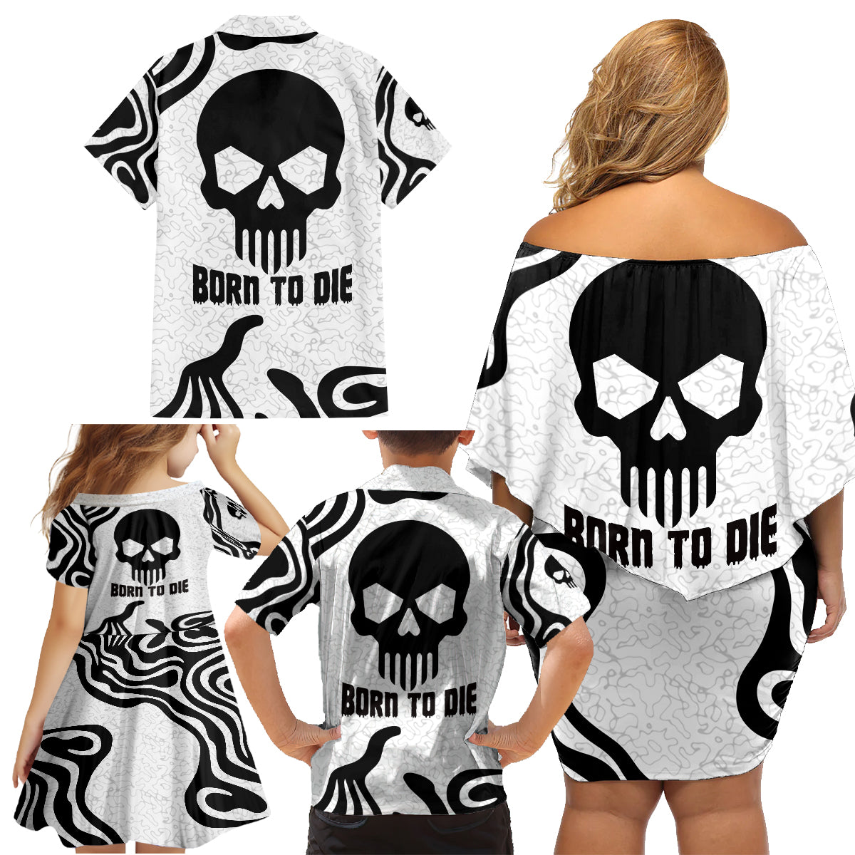 Skull Family Matching Off Shoulder Short Dress and Hawaiian Shirt Born To Die - Wonder Print Shop