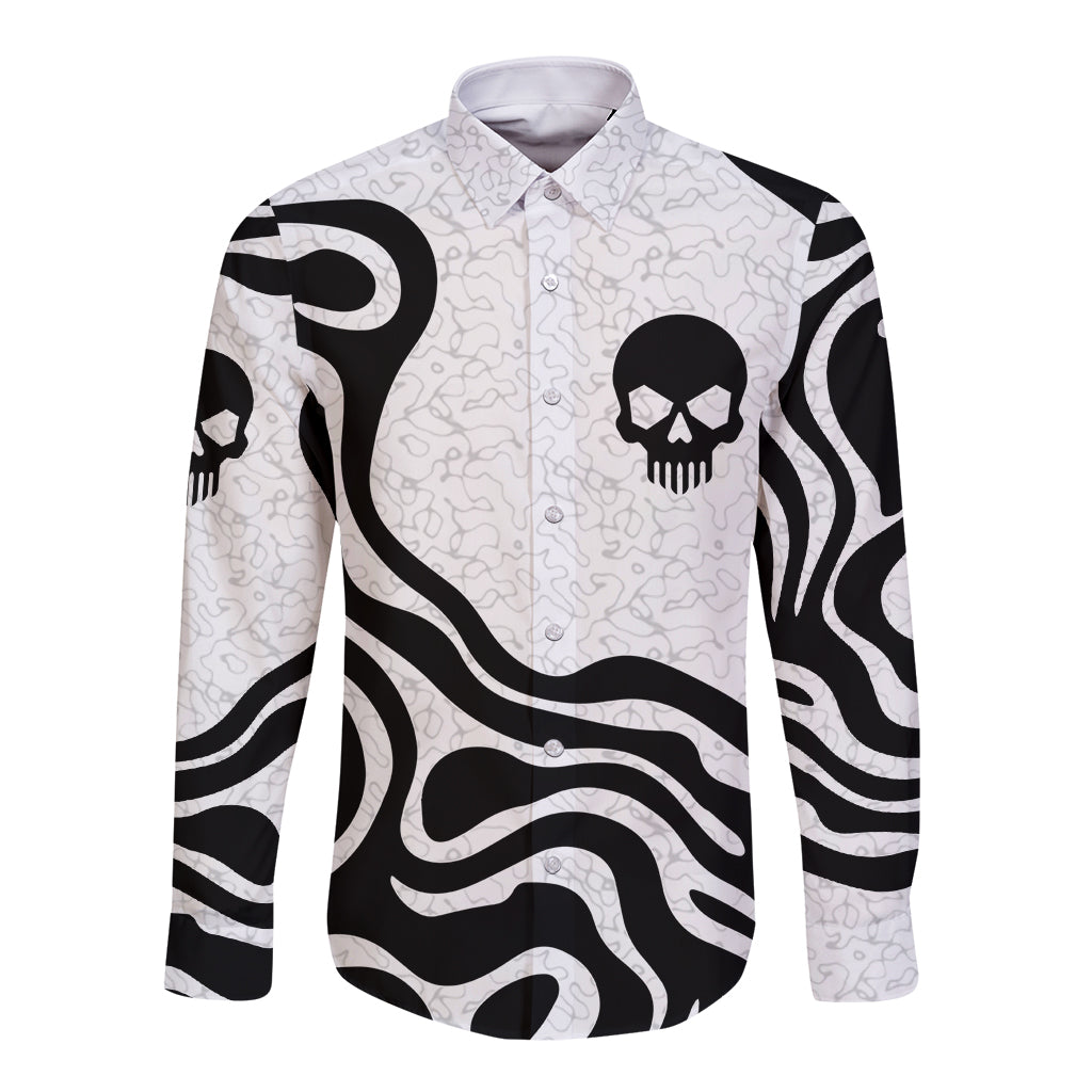 Long-sleeve button shirt in black and white with front skull and wave pattern