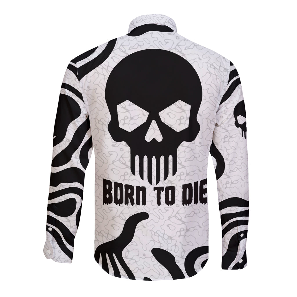 Black and white long-sleeve button shirt with skull back graphic and text