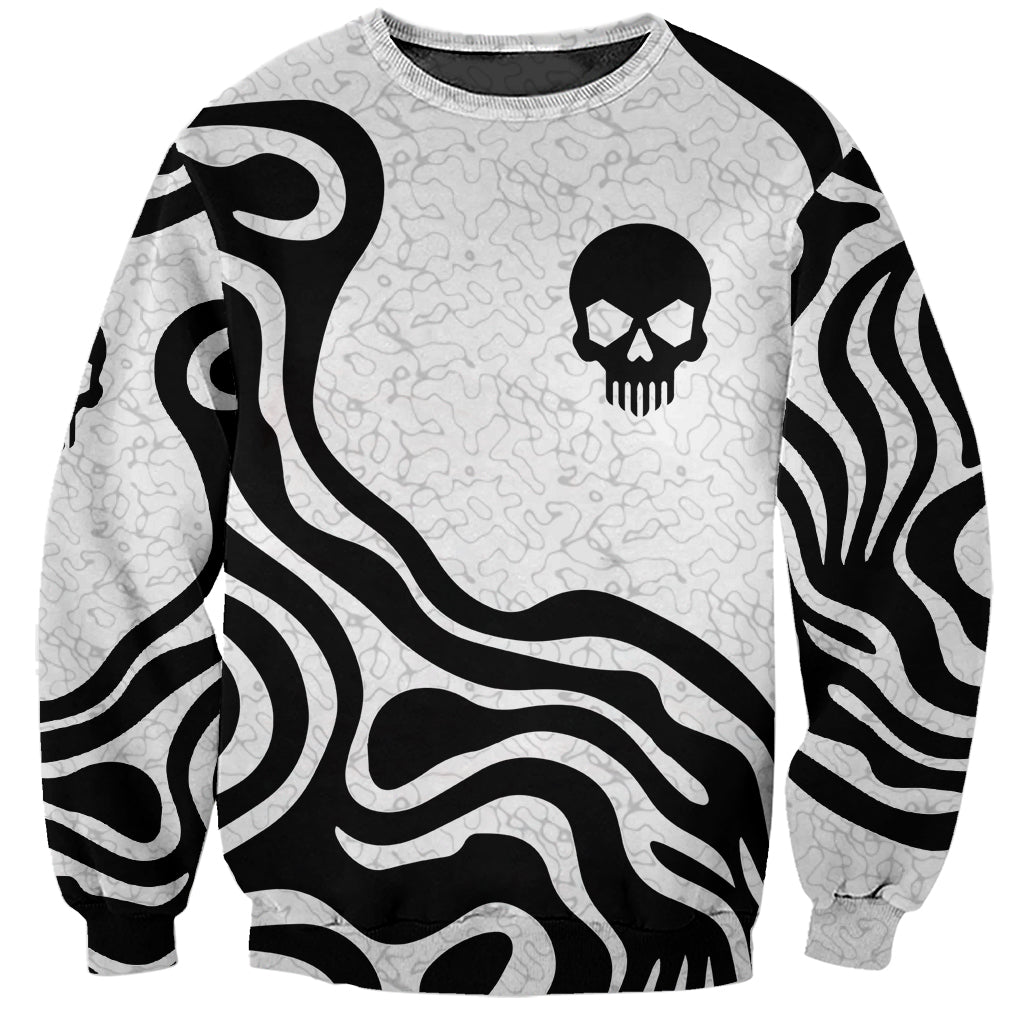 Skull sweatshirt with small black skull print and zebra wave patterns