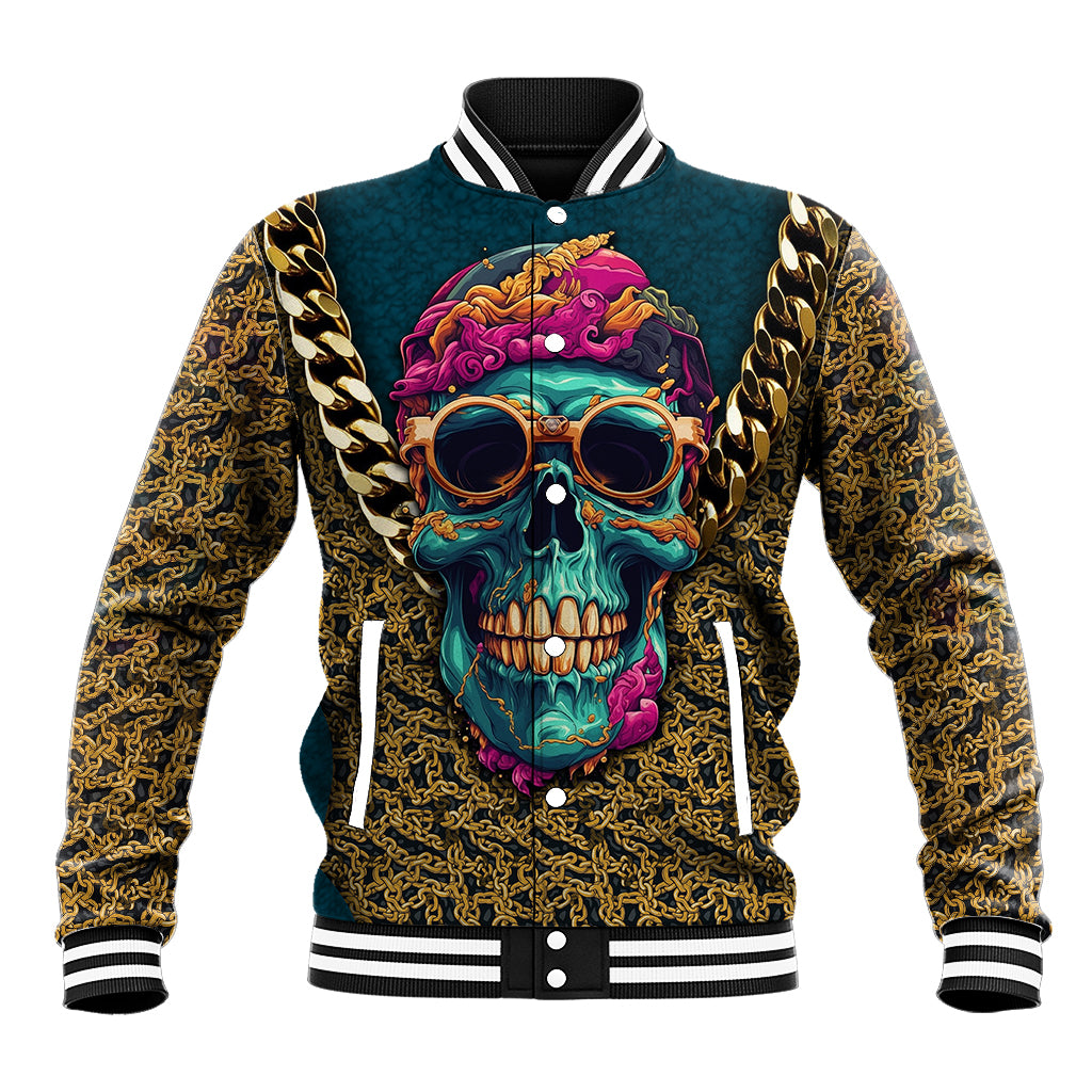 Teal multicolor skull baseball jacket with gold chain sleeves, snap front, striped cuffs